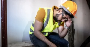 A construction worker holding his head.