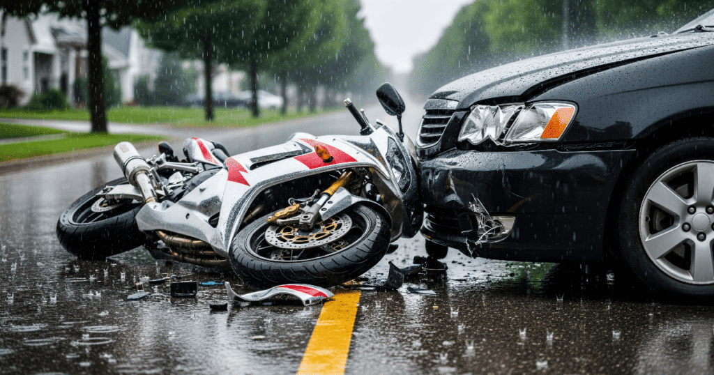 damaged motorcycle and damaged front of car