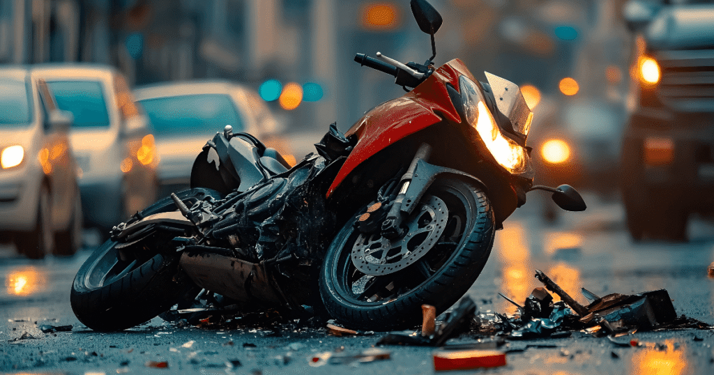 smashed motorcycle on a city street