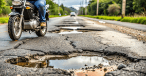 motorcycle on road with big potholes