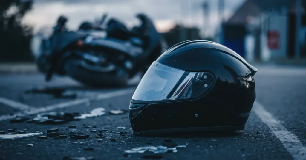 helmet on road beside crashed motorcycle